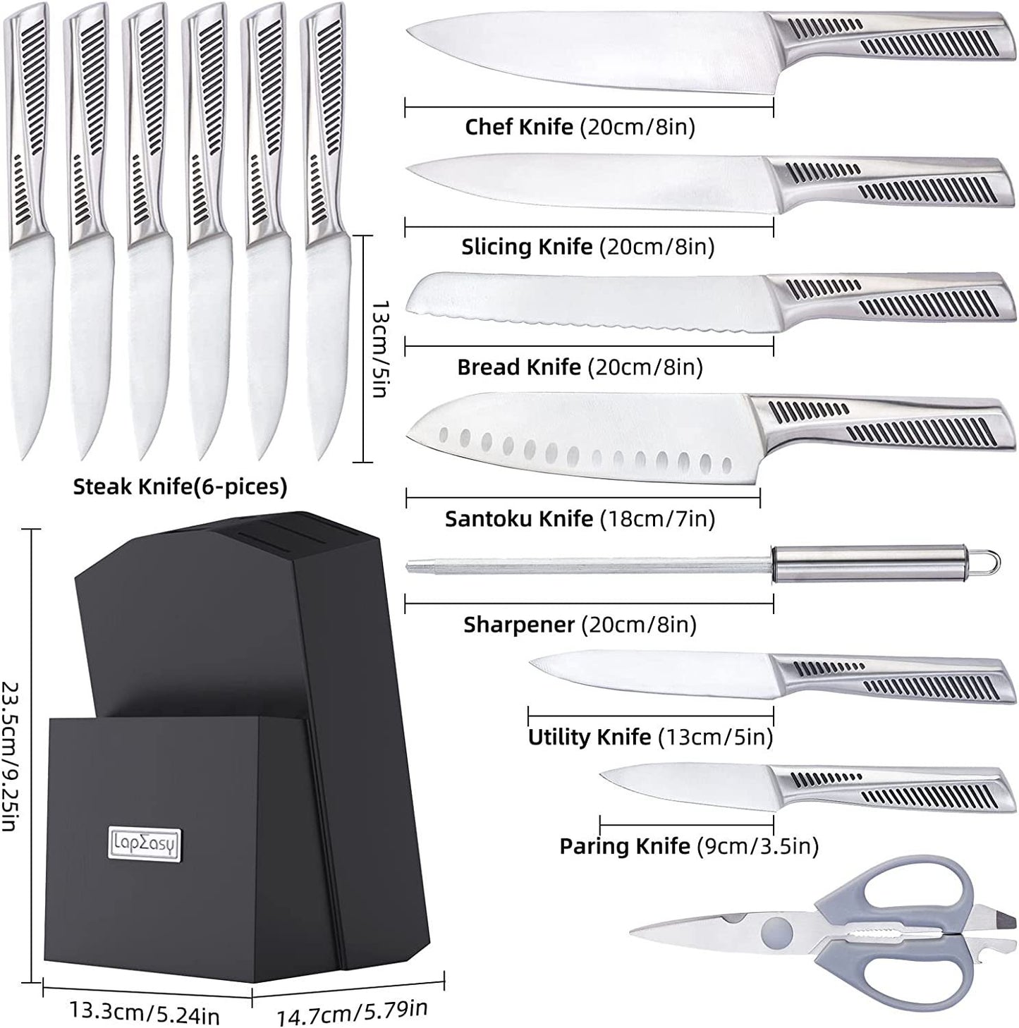 Kitchen Knife Set Block Chef Stainless Steel with Sharpener