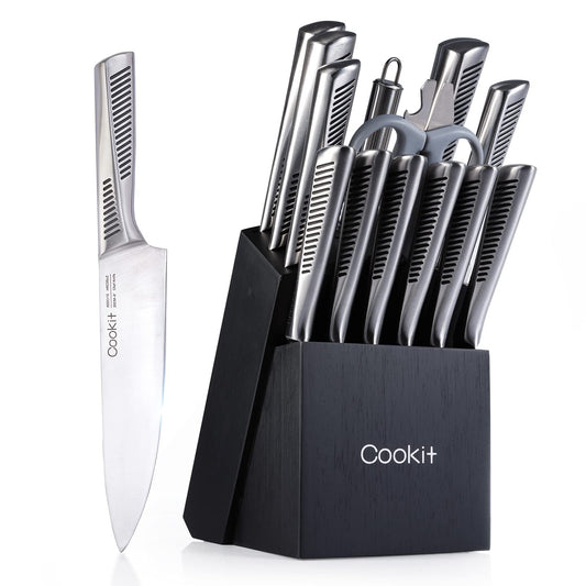 15 Piece Knife Sets with Block, Non-Slip German Stainless Steel Handle Cutlery Set