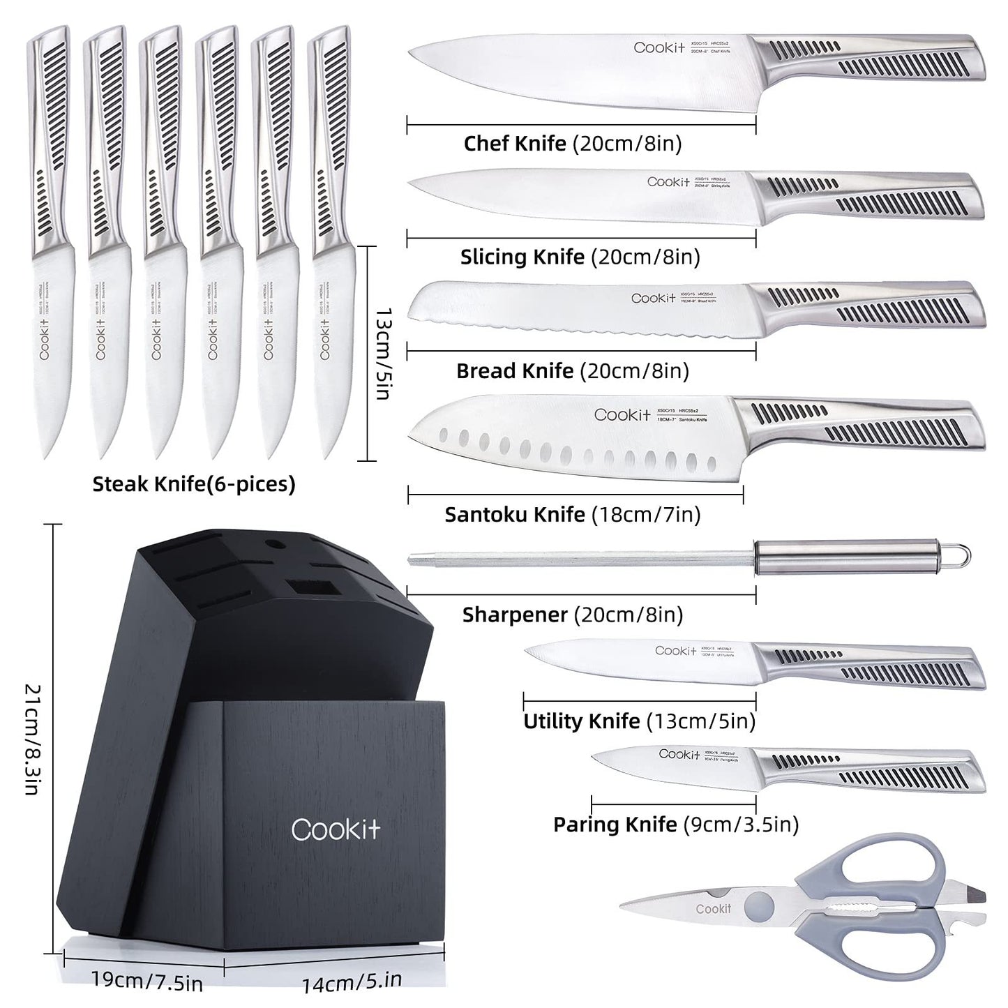 15 Piece Knife Sets with Block, Non-Slip German Stainless Steel Handle Cutlery Set