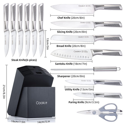 15 Piece Knife Sets with Block, Non-Slip German Stainless Steel Handle Cutlery Set